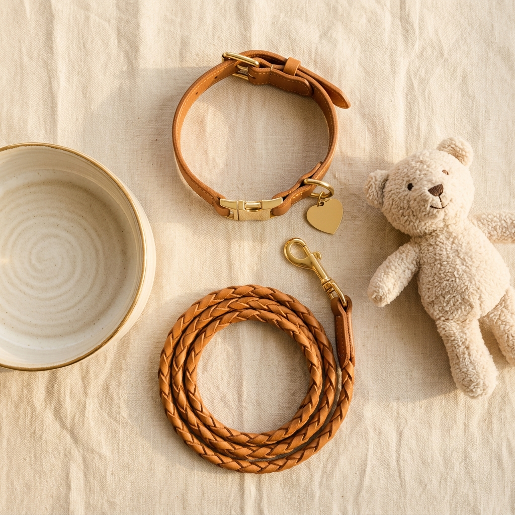 A tan leather dog collar with gold heart tag, braided lead, ceramic bowl and soft toy on cream linen