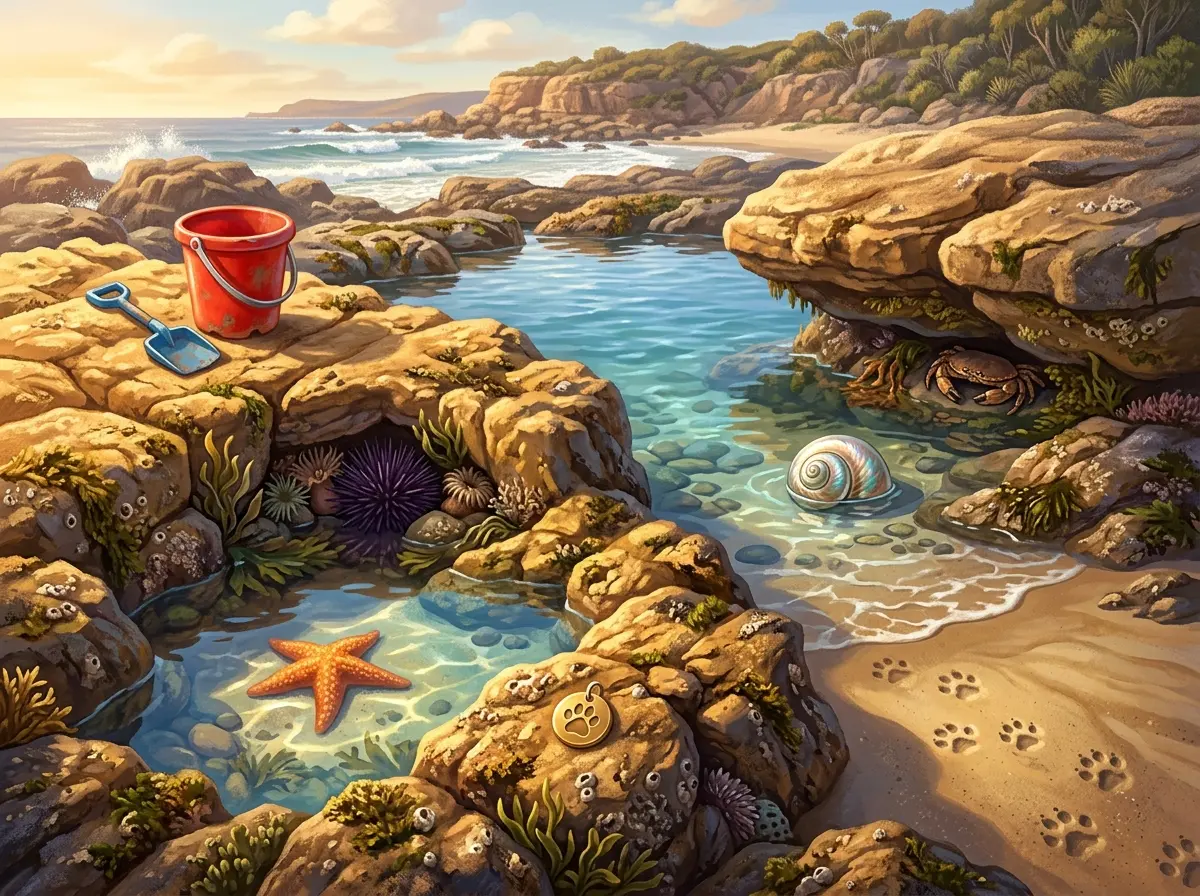 Illustrated Australian rock pool at sunrise with a bucket, starfish and crab