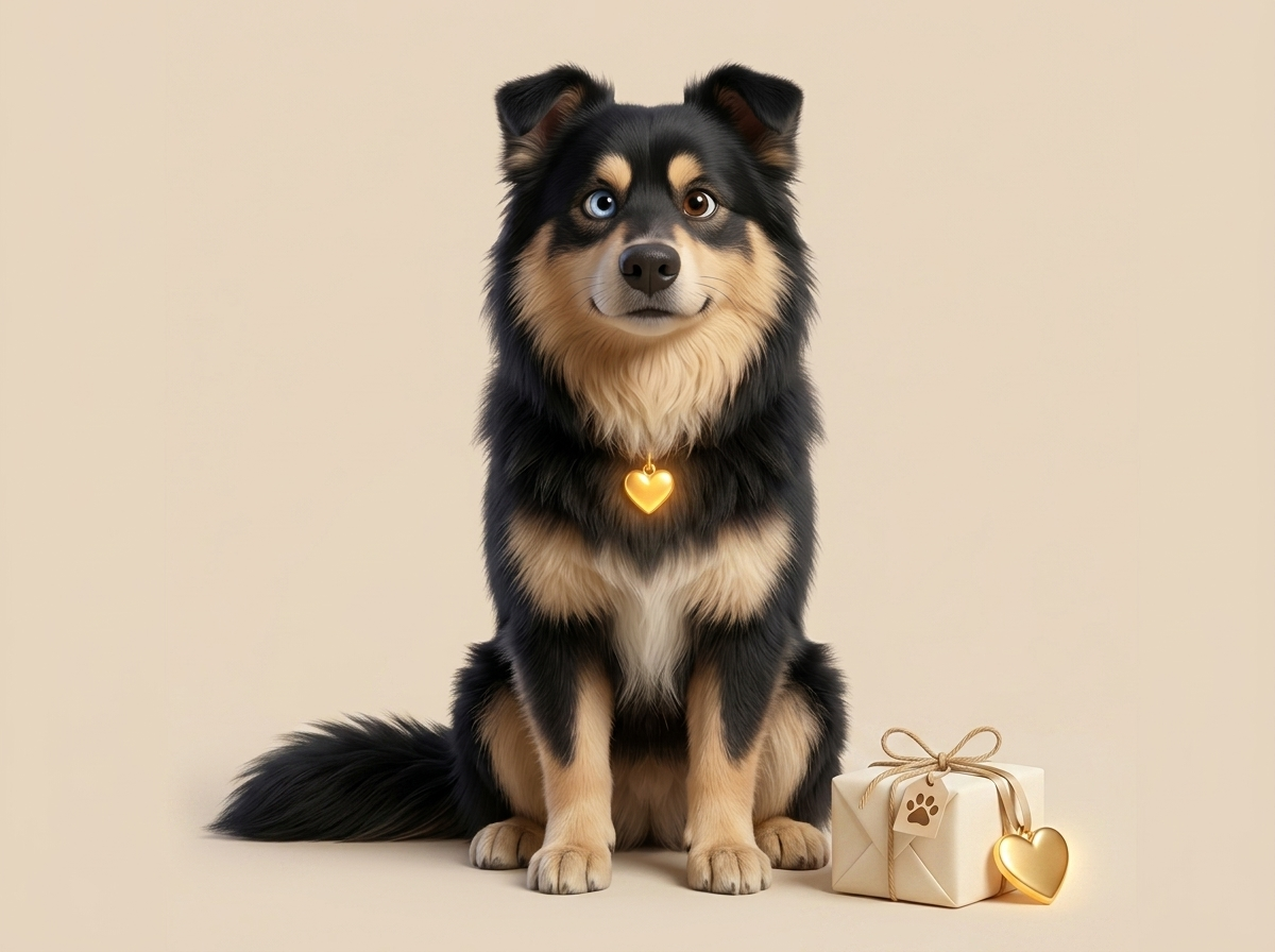 Watson beside a wrapped gift with a golden heart tag