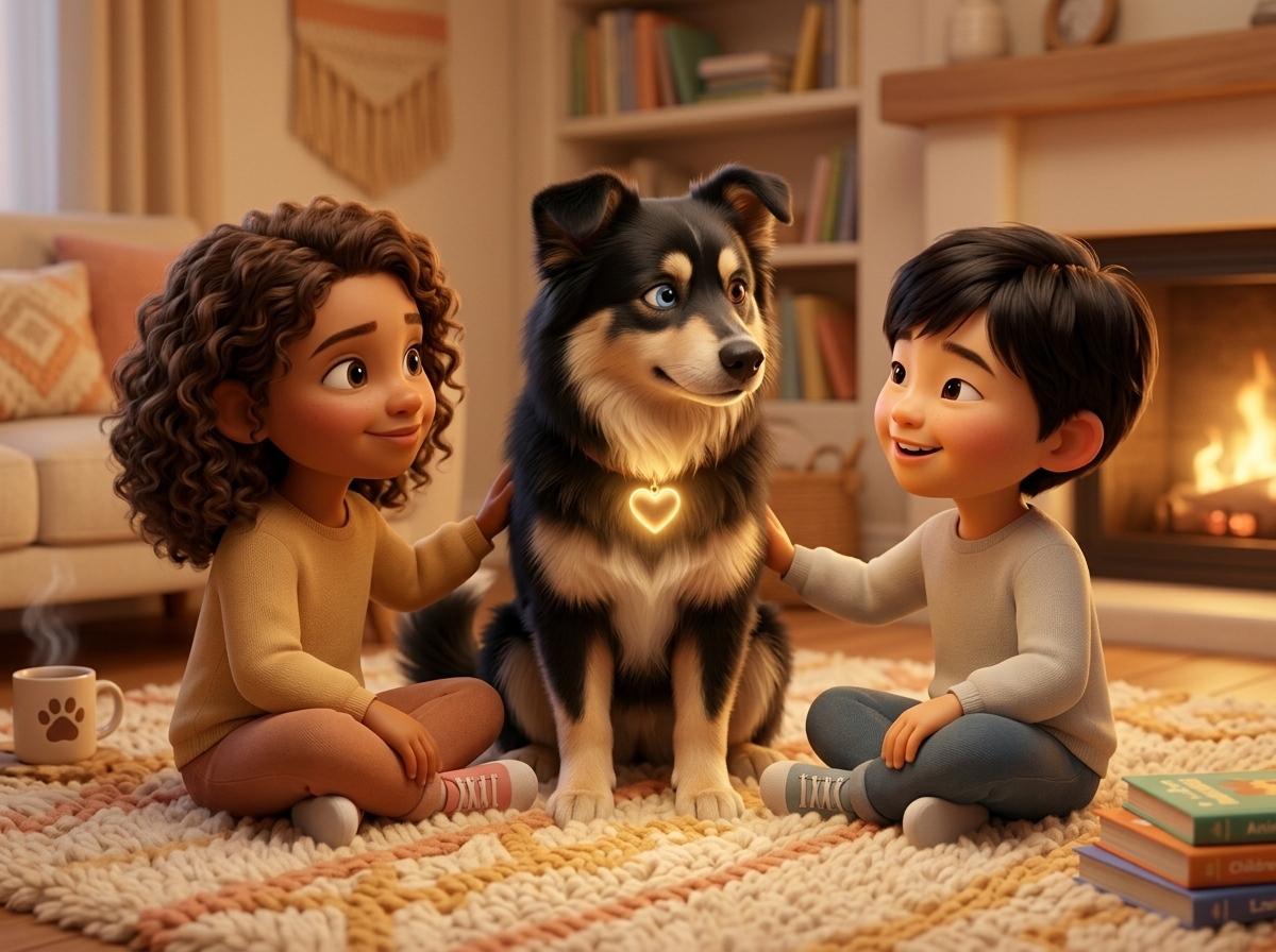 Watson with two children by the fire
