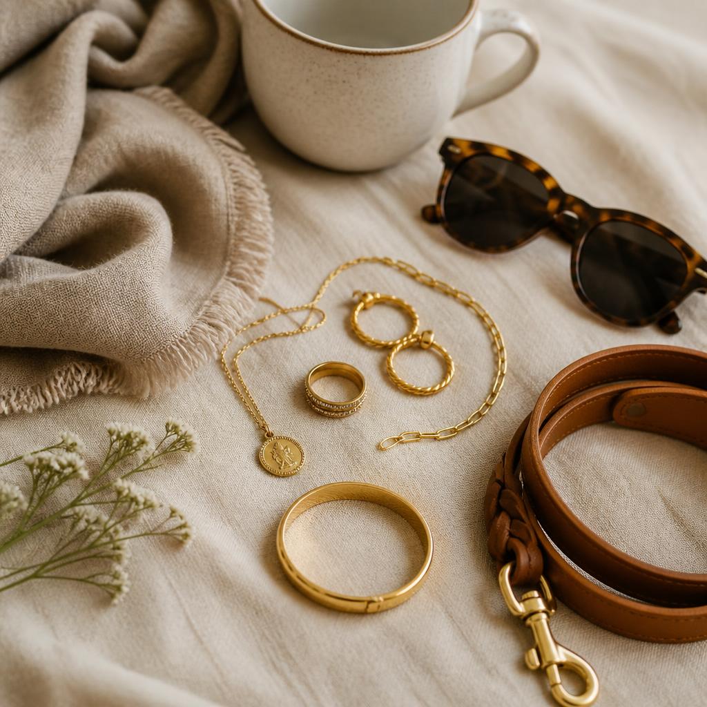 Gold jewellery, sunglasses, linen scarf and a tan leather dog lead on cream linen