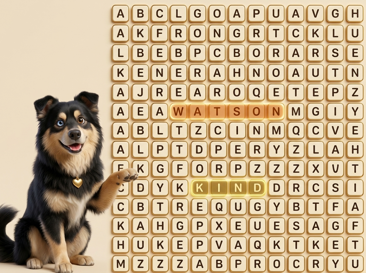 Watson beside a word search grid
