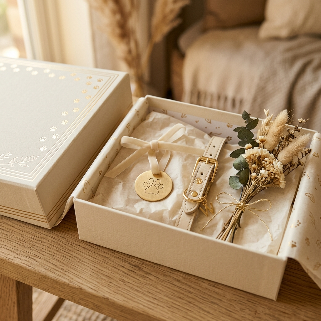 A cream and gold gift box with an engraved paw tag, collar and dried flowers