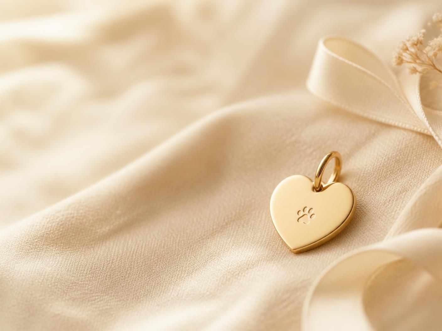 The Watson Kindness Tag, a gold heart pendant on cream linen